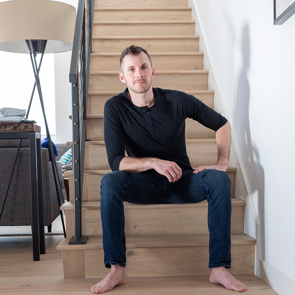 Solid Black Cotton 3/4 Raglan Sleeve Henley - Made in USA