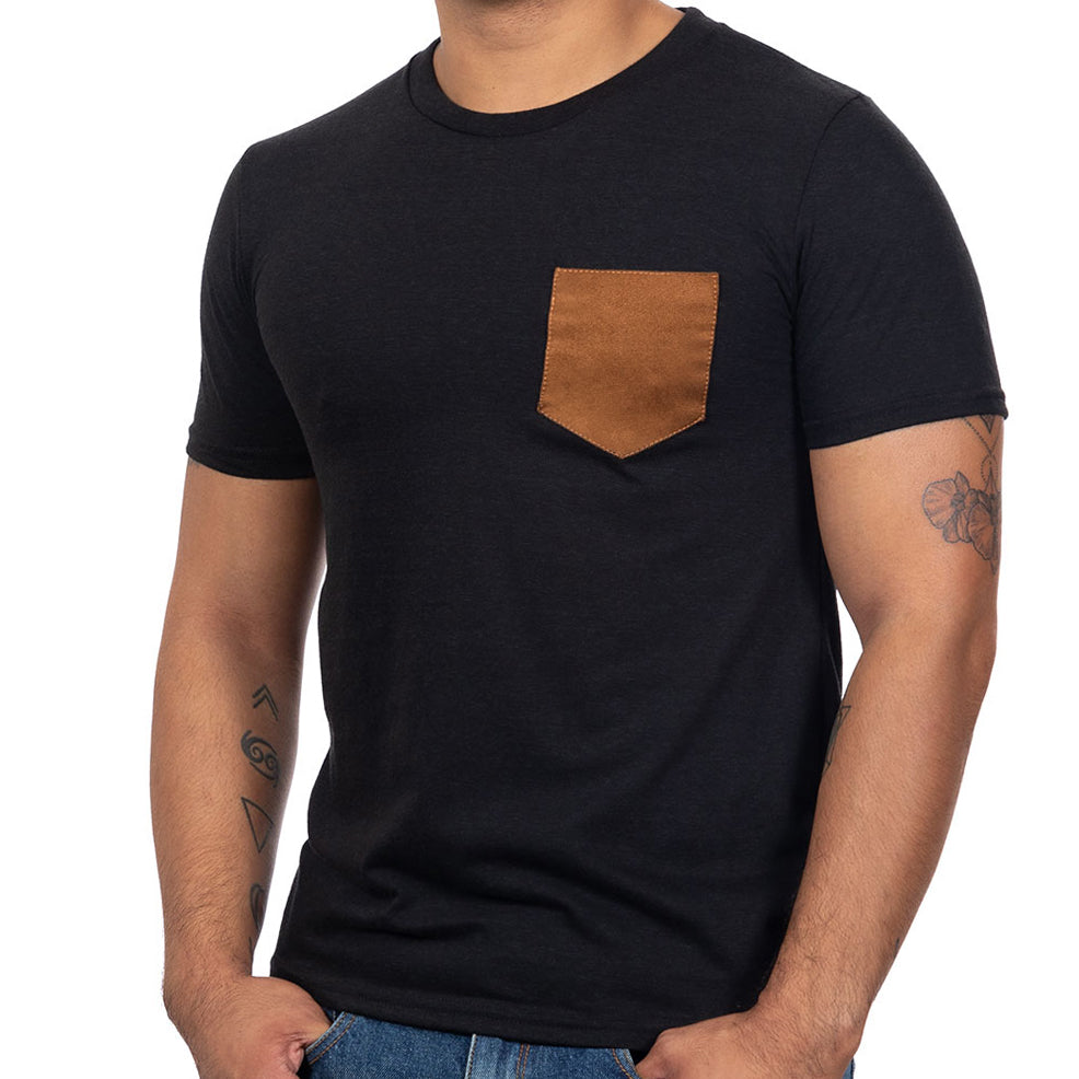 40% OFF AFTER CODE NEWFALL: Black Tri-Blend with Faux Suede Pocket Tee - Made In USA
