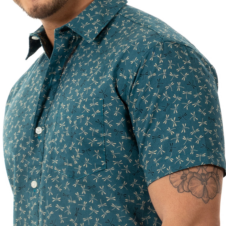 "TEDDY" - Teal Green  Japanese Dragonfly Print Short Sleeve Shirt - Made In USA