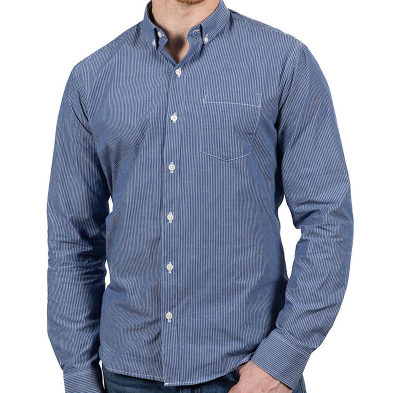 55% OFF AFTER CODE NEWFALL: "BOWERY" -  Medium Blue & White Fine Stripe Cotton Shirt - Made In USA