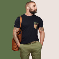 Black with Green Camouflage Print Pocket Tee