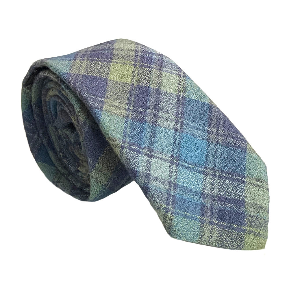 Tonal Blue & Olive Green Cotton Flannel Plaid Tie - Made In USA