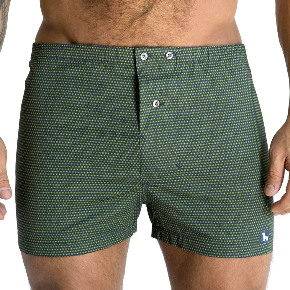 "XANDER" - Navy with Green 'X' Print Boxer Short - Made In USA